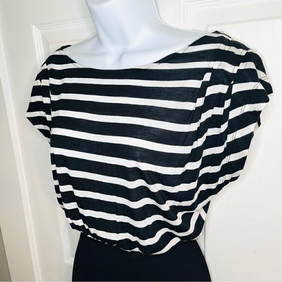 French Connection Stripe Twofer Mini Dress Dolan Half Sleeve Pleated Black 0 - Picture 4 of 8